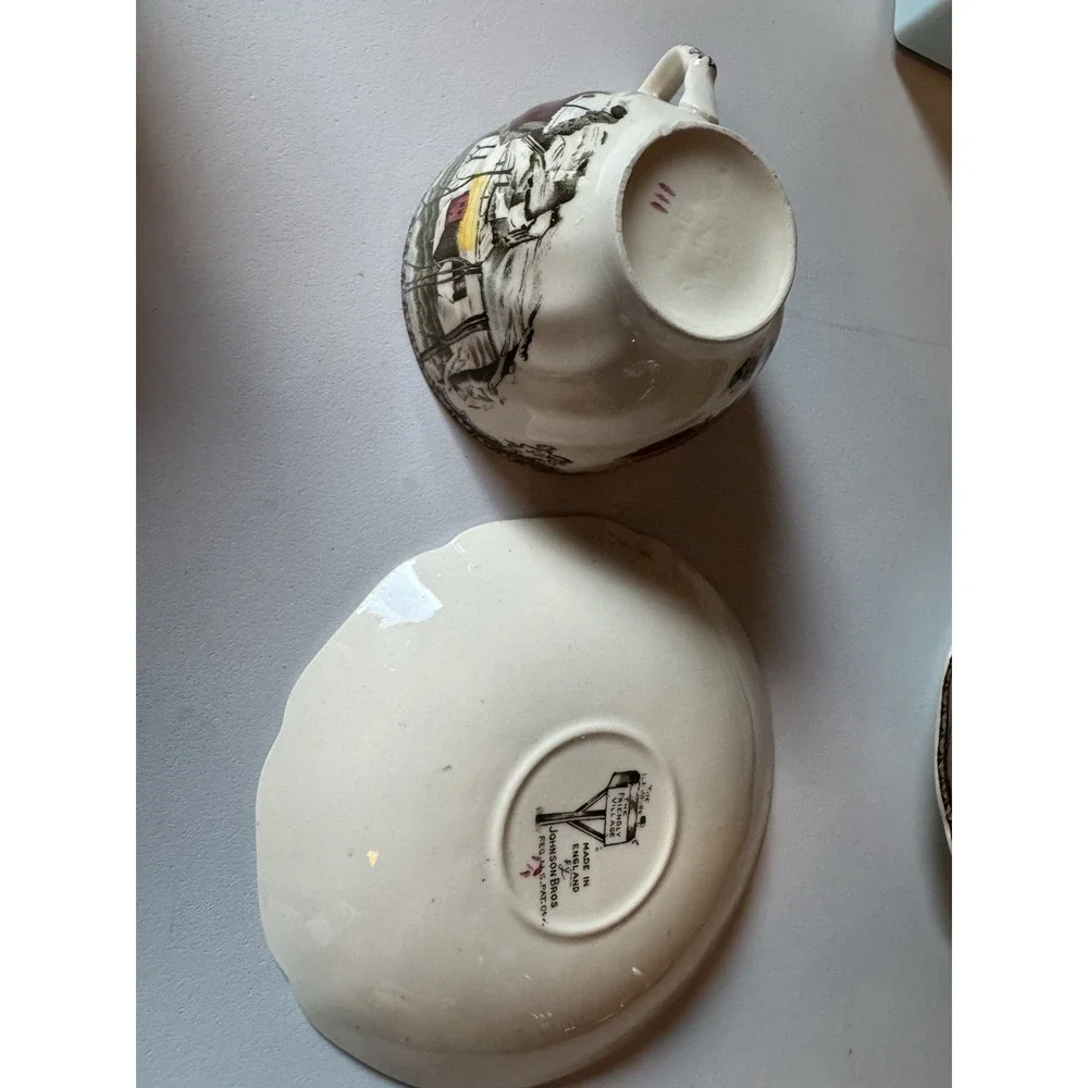 Vintage Set of 2 Johnson Bros Friendly Village Teacup Saucer Ice House England